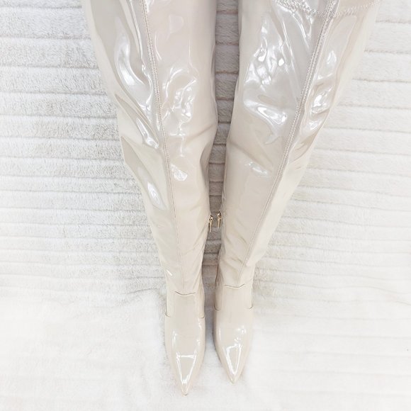 Bad Girlz Off White Nude Stretch Patent Wide Top Thigh High Heel Boots Brand New - Picture 4 of 10